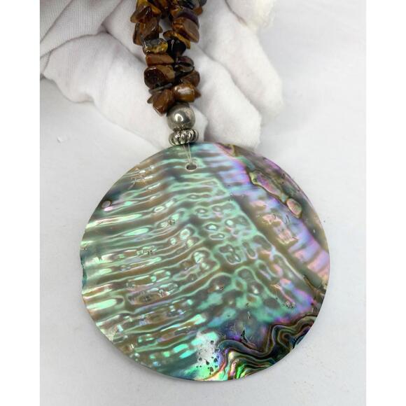 Vintage Abalone Medallion Disc Necklace Tigers Eye chips polished stones Brown - Picture 9 of 12